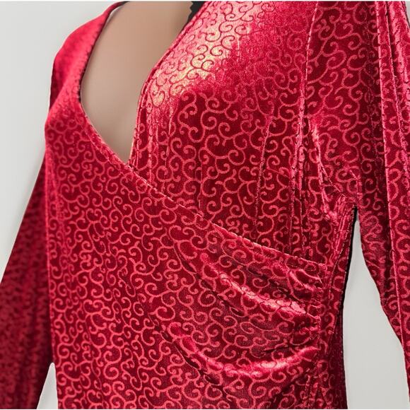 Burgundy Red MD Velvet Burnout Swirl V Neck Sleeved Wrap Dress Holiday Romance - Picture 2 of 6